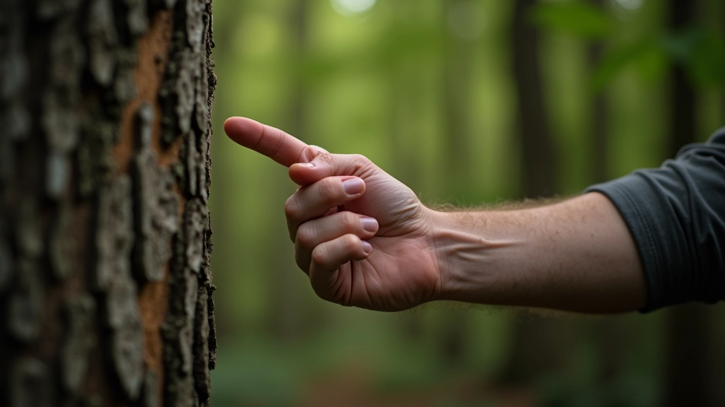 Senyvo vyro rankos liečiančios medžio žievę, gamtos tekstūra, gilus žalias fonas